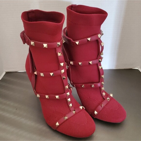 VALENTINO GARAVANI Knit Rockstud Bodytech Calfskin Sock Boot Heel Burgundy 39.5 - Picture 2 of 11